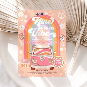 May include: A pink and orange invitation with a rainbow arch and a vintage van. The text reads "Nine is a Vibe" and "Madison's 9th Birthday".