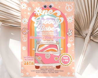 Editable ONE Groovy Babe Birthday invitation EDITABLE Daisy Rainbow 1st Birthday Hippie Party Invite Template Instant Download