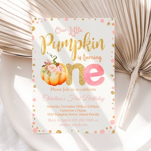 Invitación de calabaza Primer cumpleaños Editable Nuestra pequeña calabaza 1a invitación Chica rosa y dorada Plantilla imprimible de otoño Descarga digital
