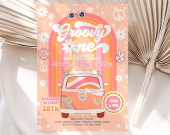 Editable Groovy One Birthday Invitation EDITABLE Daisy Rainbow Groovy 1st Birthday Invite Hippie Party Template Instant Download