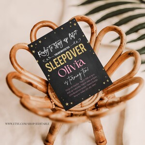 May include: A black and gold sleepover party invitation with gold stars and the text "Ready to stay up late? You are invited to a sleepover Olivia is turning ten!"  Drop off: Sunday, March 25th at 3pm. Pick up: Saturday, March 26th at 12pm. 1234 Sleepover Street, Miami Florida. RSVP to Ashley 123-456-7890.