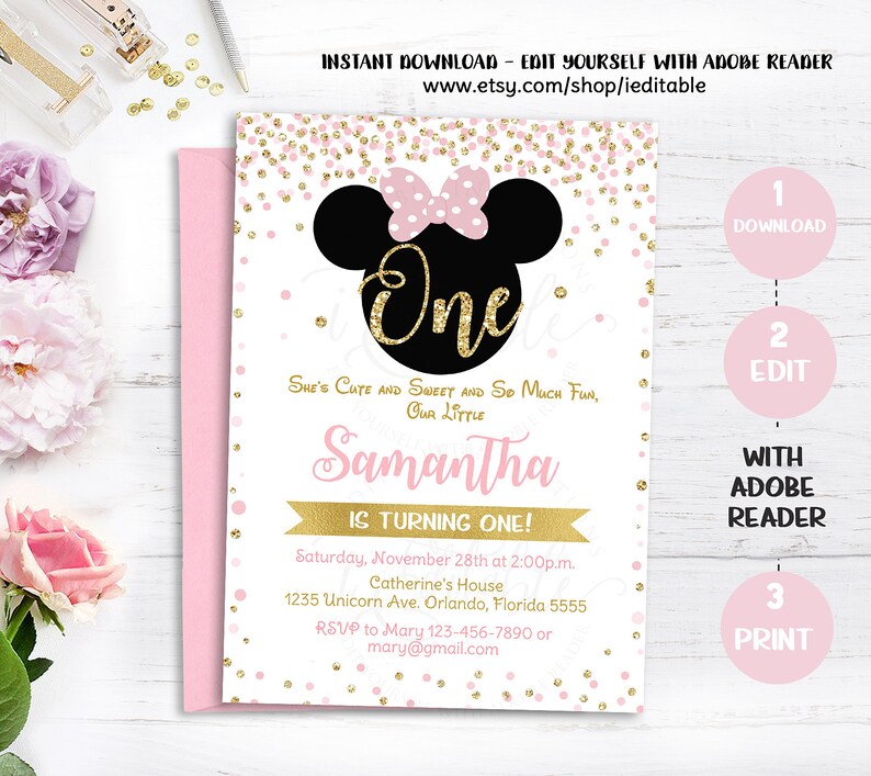 Pink and Gold Minnie Mouse Birthday Party Invitation, First, 1st Birthday, Gold Glitter, Polka Dot invite, Girl, Printable Intant download 