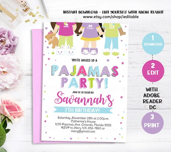 Pajama Party Birthday Invitation, Pjs invitation, Slumber, Sleepover ...