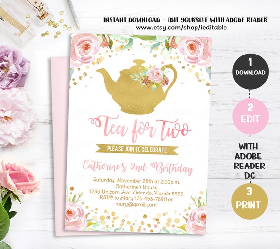 Tea for Two Invitation, Tea Party Invite, Floral Tea for Two Invitation, Blush Pink Gold, Pastel Flowers, 2nd Birthday Girl instant download Il_570xn