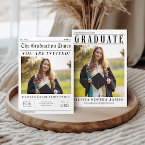 Class of 2025 Editable Graduation Newpaper Invitation Announcement Grad Party College High School Digital Invitations Minimalist Template