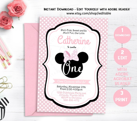Minnie Birthday Invitation, Pink and Black First Birthday, 1st Birthday invite, Editable invitation, Edit yourself Template Instant Download Il_570xn
