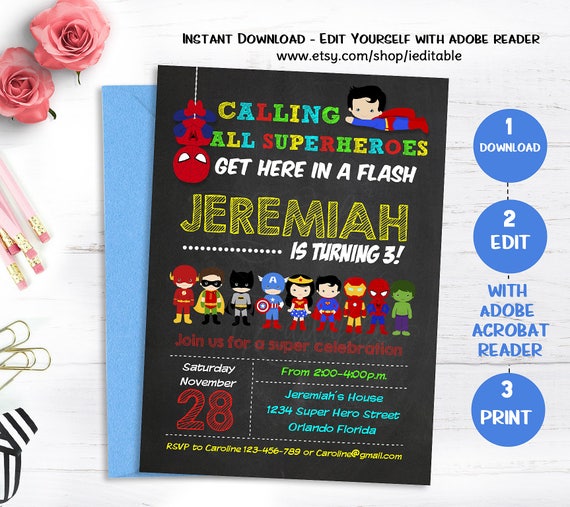 Superhero Invitation, Superhero Birthday Chalkboard, Super hero Invite, Superheroes Edit yourself, Editable invitation, Instant download Il_570xn