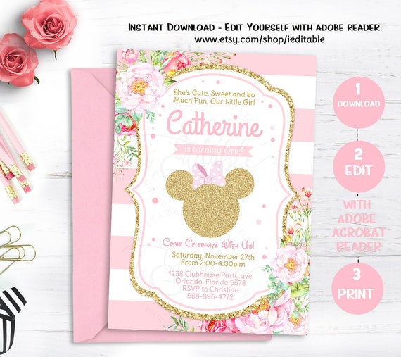 Pink & Gold Glitter Minnie Mouse Birthday Invitation, Girls Birthday Invitation Floral Flowers, Editable invite, Template, Instant download Il_570xn