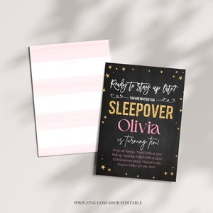 May include: A black and gold glitter sleepover party invitation with pink text. The invitation says "Ready to stay up late? You are invited to a sleepover Olivia is turning ten!" with details about the party.