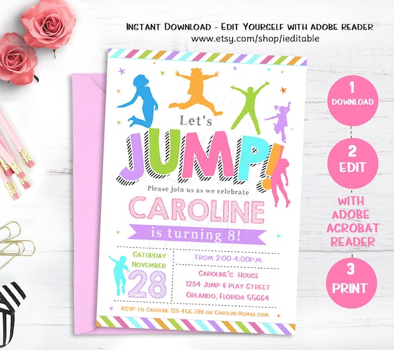 Jump Girl invitation, Bounce house invite, Trampoline birthday, Pump It Up Party, Sky High, Editable invitation, Template Instant download Il_570xn