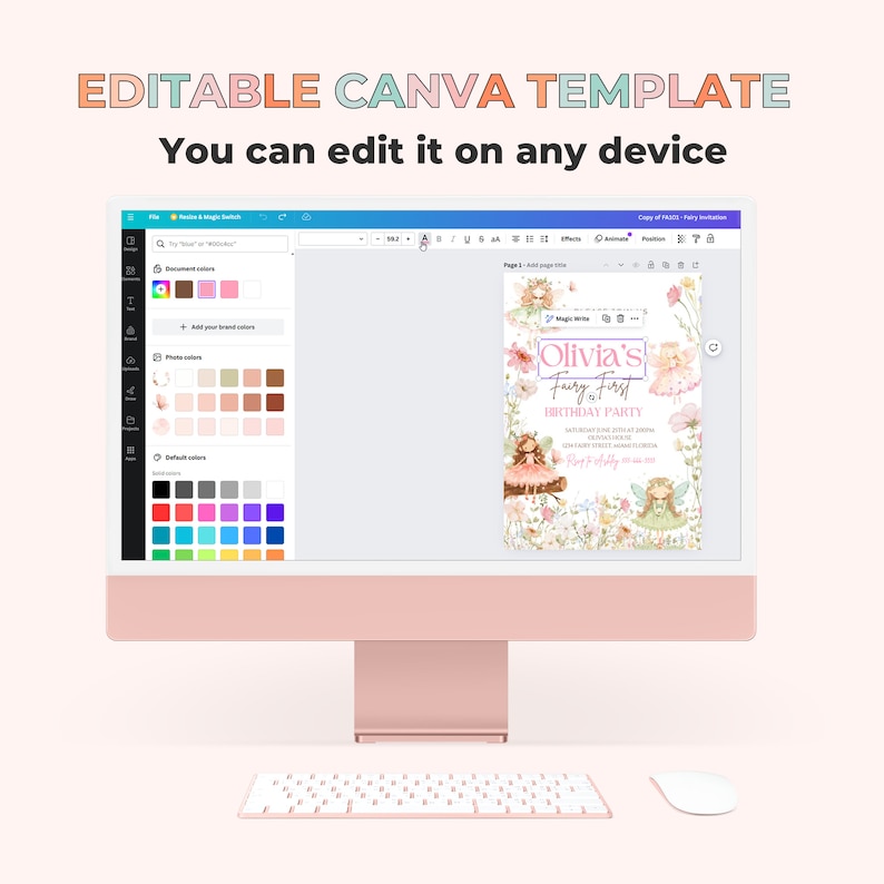 May include: Editable Canva template for a fairy-themed first birthday party invitation. The template features a pink background with illustrations of fairies, flowers, and a tree. The text "Olivia's Fairy First Birthday Party" is displayed in a pink and purple font.