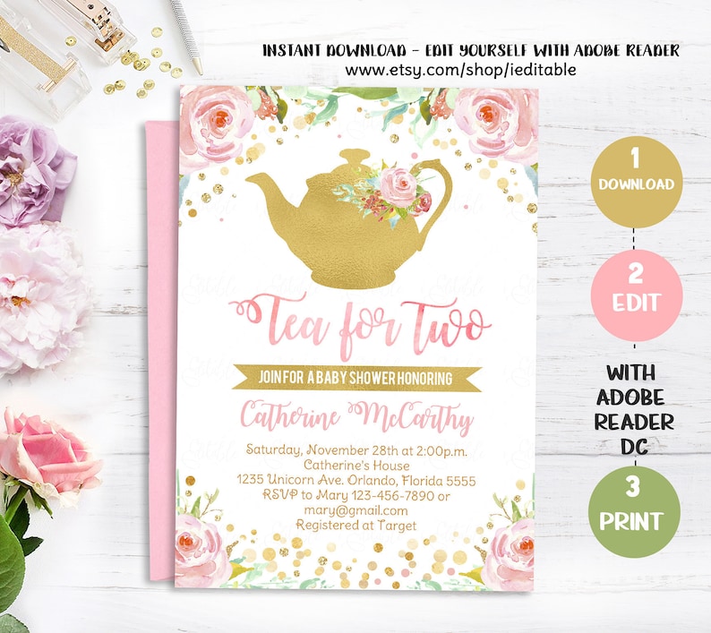 Tea for Two Baby Shower Invitation Tea Party Invite Floral Etsy