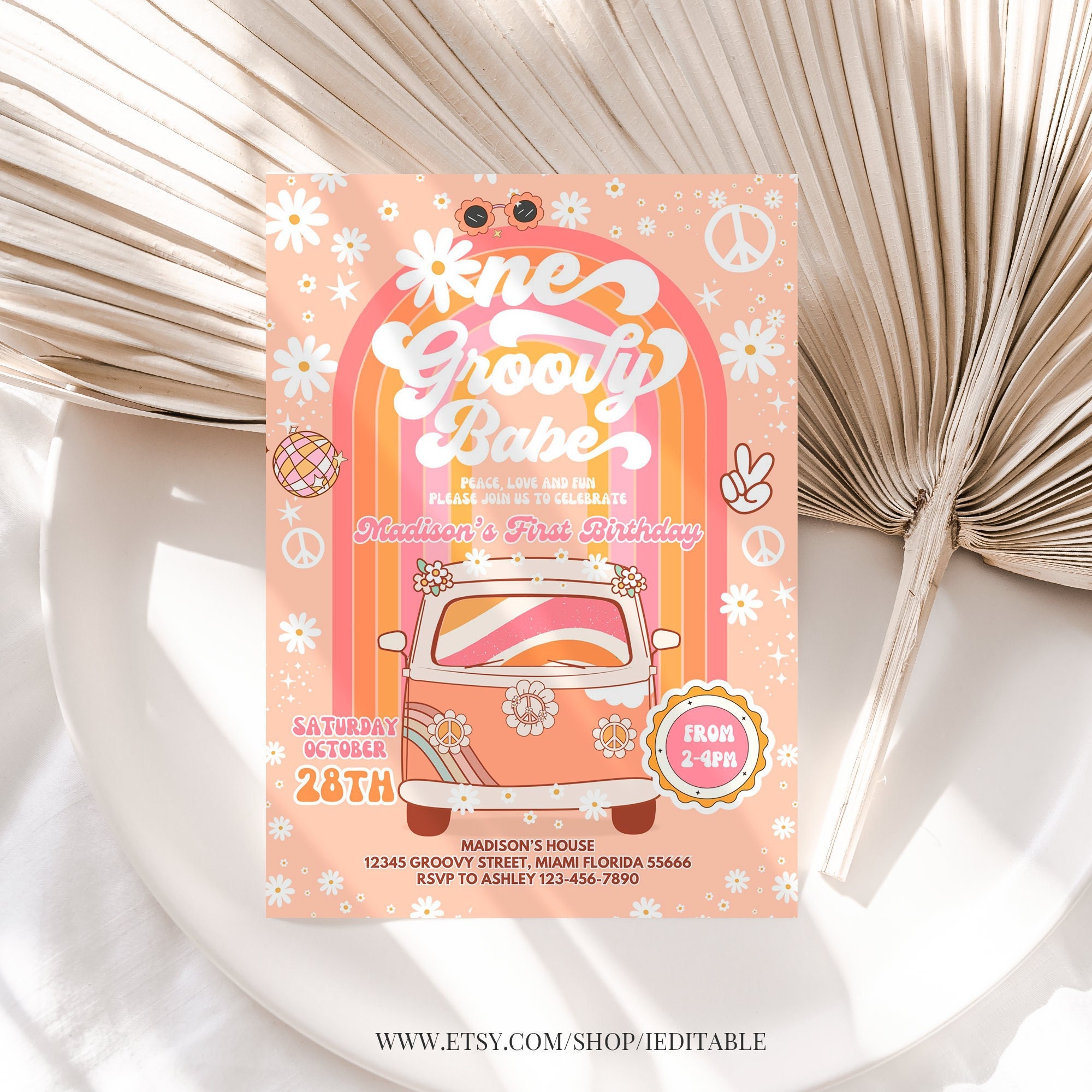 Editable ONE Groovy Babe Birthday Invitation EDITABLE Daisy