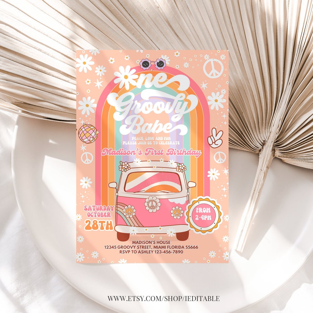 Editable ONE Groovy Babe Birthday Invitation EDITABLE Daisy Rainbow 1st ...