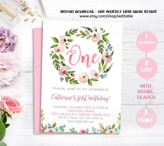 Floral First Birthday Invitation, Boho Invitation, Girl 1st Birthday, Flowers Invite, Printable Digital, Editable Template Instant download Il_570xn