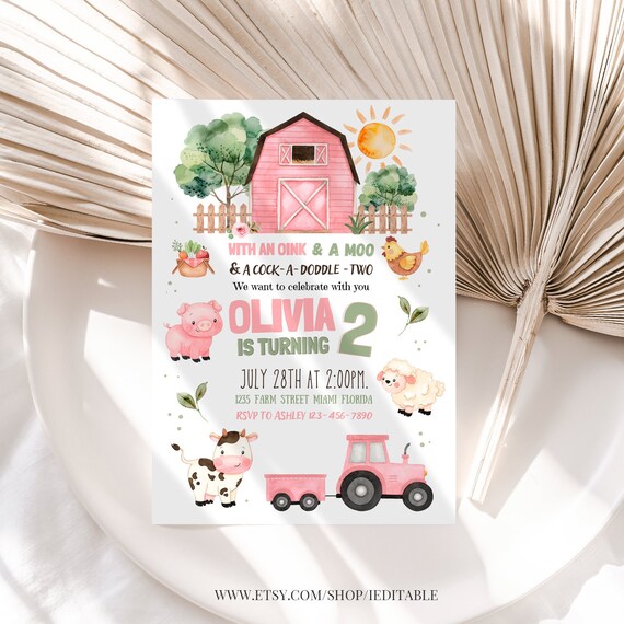 Girl Farm birthday invitation Editable Farm Animals Barnyard Invite 2nd birthday any age Printable template Digital download