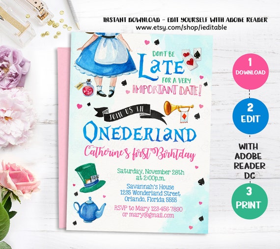 ALICE IN ONEDERLAND Birthday Invitation, Alice in Wonderland InvitE, Alice first birthday watercolor printable editable instant download Il_570xn