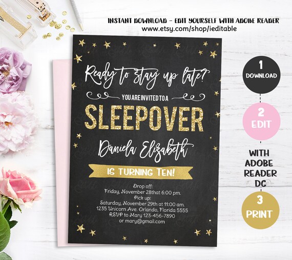 Sleepover Invitation, Slumber Party Invitation, Chalkboard Sleepover Birthday Invitation, Pajama Party, Printable, Instant Download editable Il_570xn