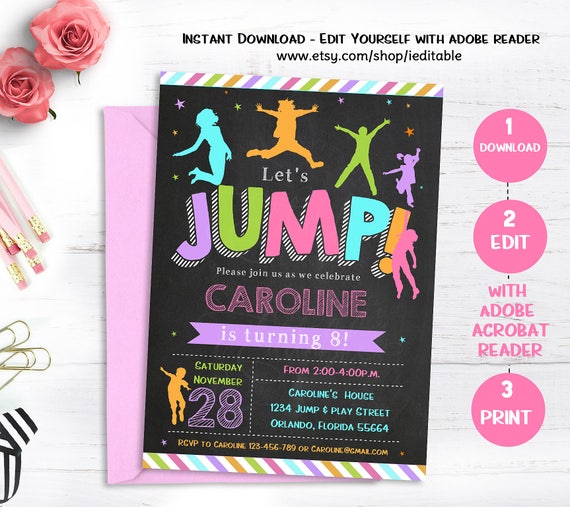 Jump Girl invitation, Bounce house invite, Trampoline birthday, Pump It Up Party, Sky High, Editable invitation, Template Instant download Il_570xn