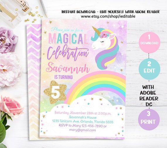 RAINBOW UNICORN Birthday Invitation, Unicorn Invitations, Instant Download, Magical Unicorn Party, Unicorn face, Editable invite, Pink Gold Il_570xn