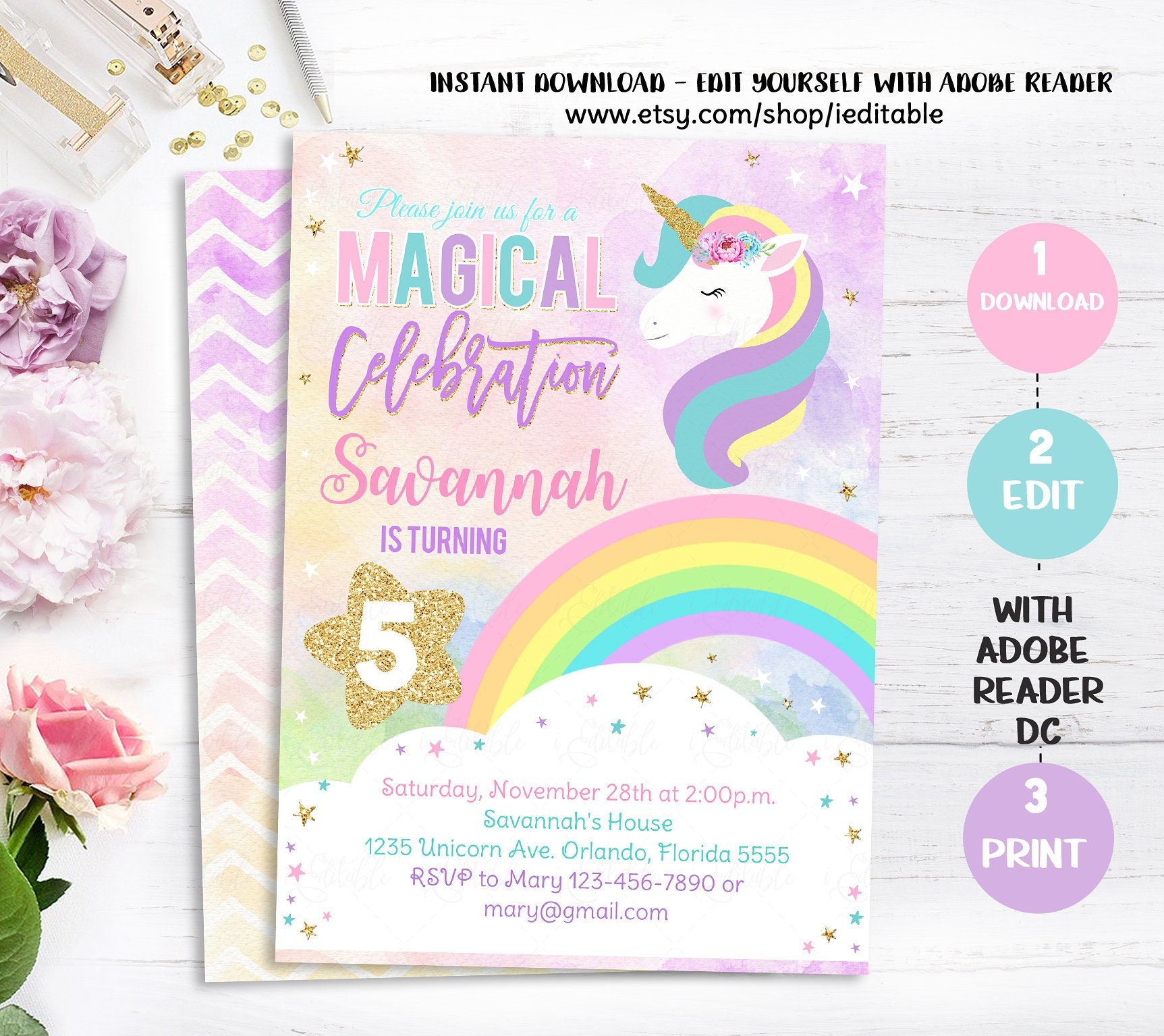 Paper & Party Supplies Editable Instant Download Unicorn Birthday
