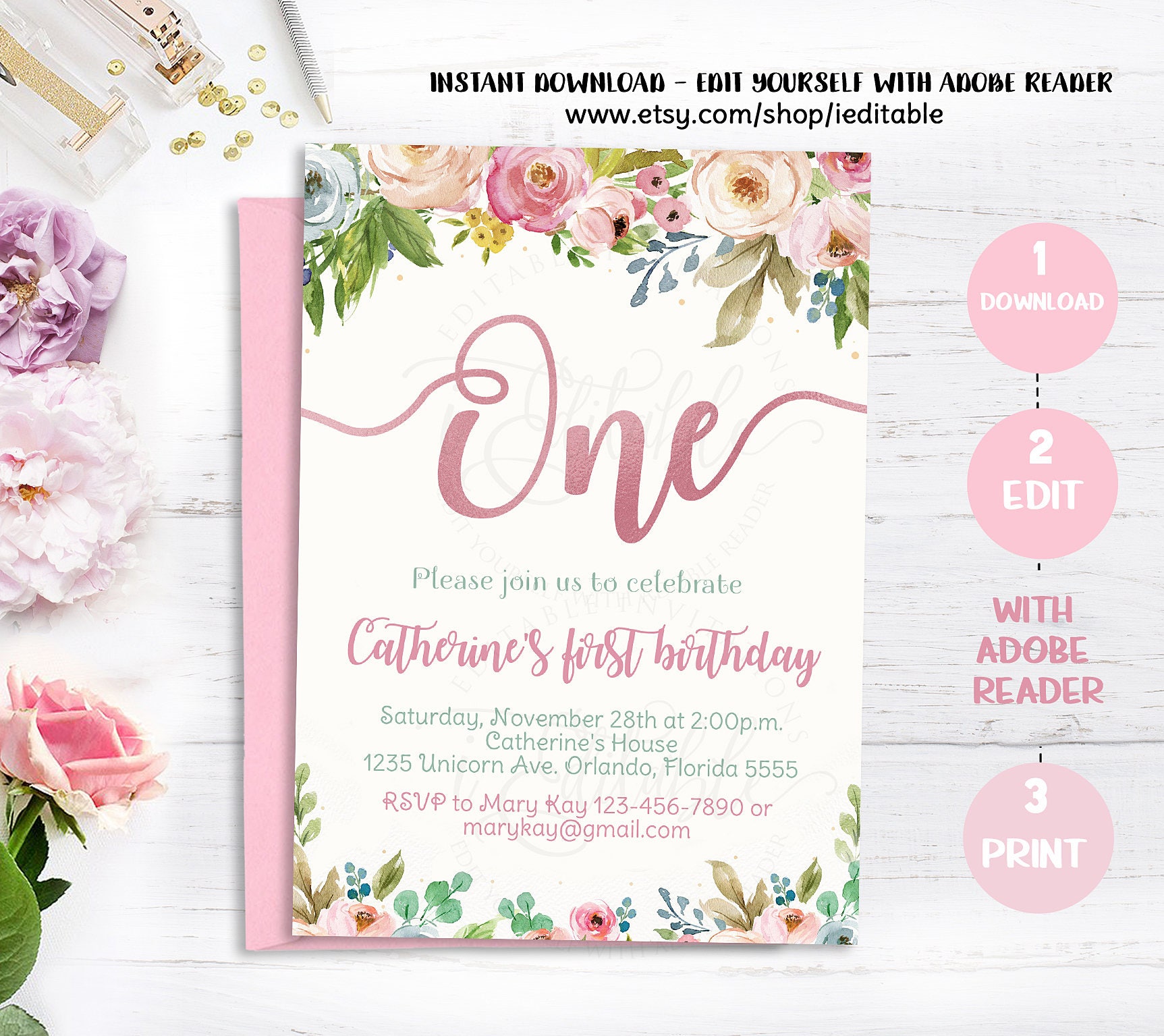 Floral 1st Birthday Invitation Girl First Birthday Etsy