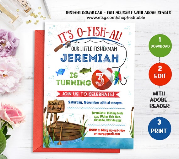Fishing Birthday Invitation, Fishing Invitation, Fishing Party, Instant download, template, Gone Fishing, any age 2nd, 3rd, 4th, Watercolor Il_570xn