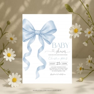 Blue Bow Baby Shower Invitation Editable Baby Boy Shower Blue Ribbon Baby Shower Invite Printable Template Digital Download