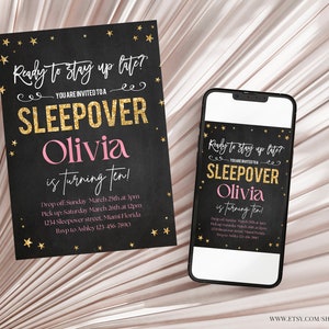 May include: A black and gold sleepover party invitation with a pink glitter font for a girl named Olivia turning ten. The invitation includes the date, time, and location of the party. The invitation is also available as a digital version on a smartphone.
