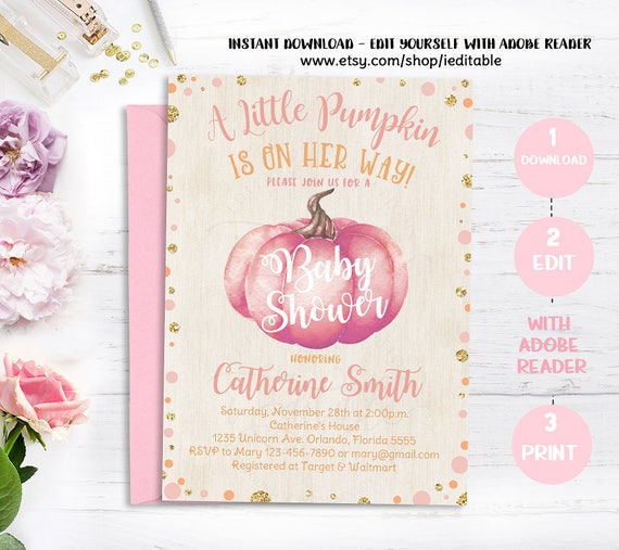 Pumpkin Baby Shower Invitation, Fall Shower Invite, Baby Girl, Little pumpkin on the way, Instant download, Editable Invitation, Template Il_570xn