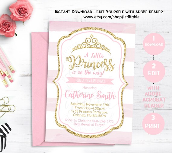 Pink and Gold Princess Baby Shower Invitation, Chevron Invitation, Girl Baby Shower, Gold Glitter invitation, Editable, Instant download Il_570xn