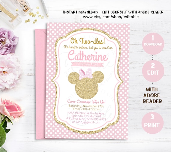 Minnie Pink and Gold invitation, Oh two-dles minnie invite, 2nd Birthday Gold Glitter, Polka Dot Editable, Template, Instant download Il_570xn