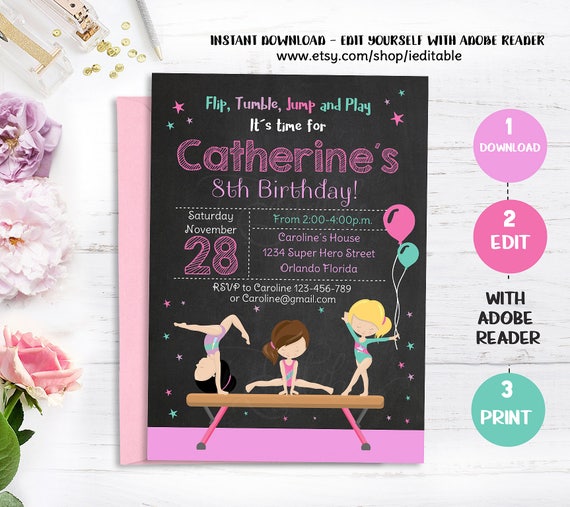 GYMNASTIC Birthday Invitation, Gymnastics Chalkboard Invite, Girl invitations Party, Editable invitations, Template Instant download Il_570xn