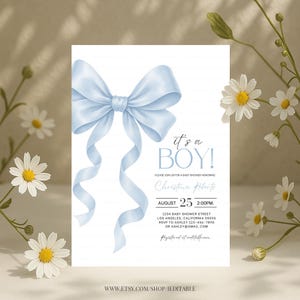 Blue Bow Baby Shower Invitation Editable Baby Boy Shower Blue Ribbon Baby Shower Invite Printable Template Digital Download