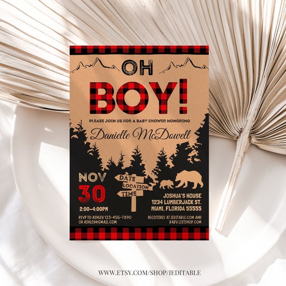 Lumberjack Baby Shower Invitation Buffalo Plaid Invite Red Rustic Boy Instant download Editable invitation template Boy Printable Flannel