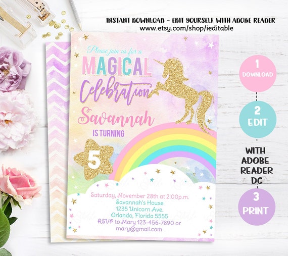 Unicorn Birthday Invitation, Magical Unicorn Invite, Rainbow Unicorn invitations, Face Unicorn, Pink Gold Unicorn Party Instant download Il_570xn