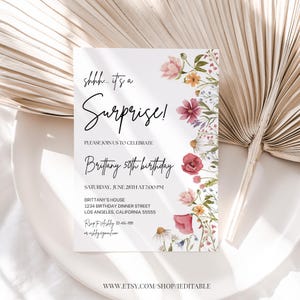May include: A white invitation card with a floral design and the text "shhh... it's a Surprise!"  Please join us to celebrate Brittany's 50th birthday. Saturday, June 28th at 7:00 PM. Brittany's House, 1234 Birthday Dinner Street, Los Angeles, California 55555. RSVP to Ashley 10-656-700 or ashley@gmail.com.