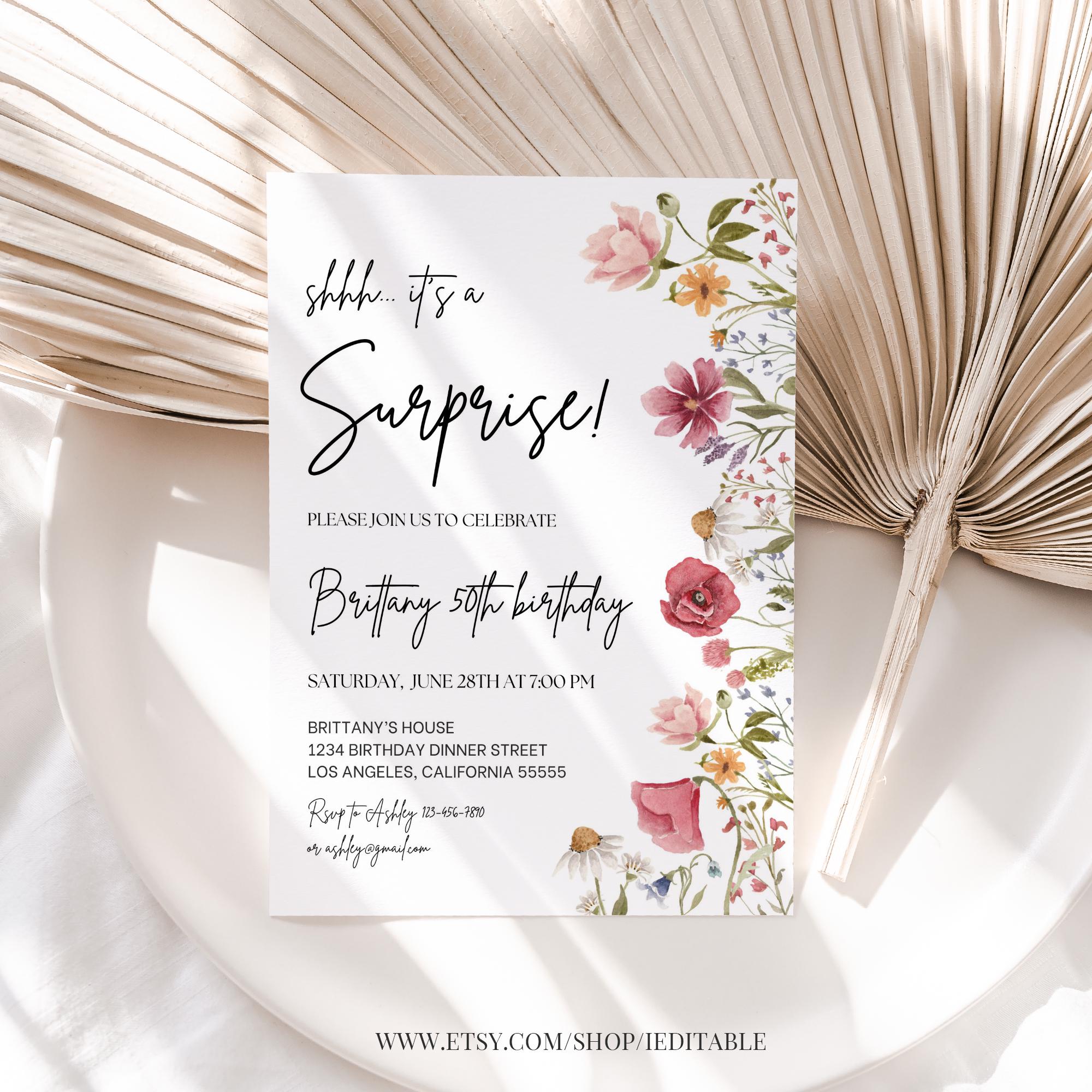 Wildflower Surprise Birthday Invitation Editable 30th 40th 50th 60th Floral Garden Party Invite Printable Template Digital Download
