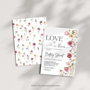 May include: A floral-themed baby shower invitation with the text "LOVE is in bloom" and the name "Brittany Stewart". The invitation features a watercolor design with pink, red, and yellow flowers.