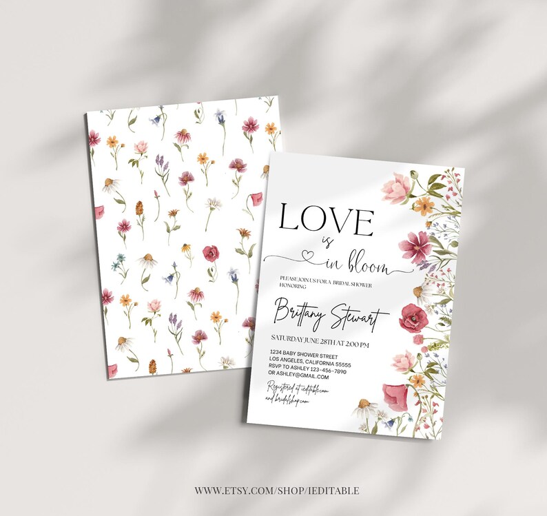 May include: A floral-themed baby shower invitation with the text "LOVE is in bloom" and the name "Brittany Stewart". The invitation features a watercolor design with pink, red, and yellow flowers.