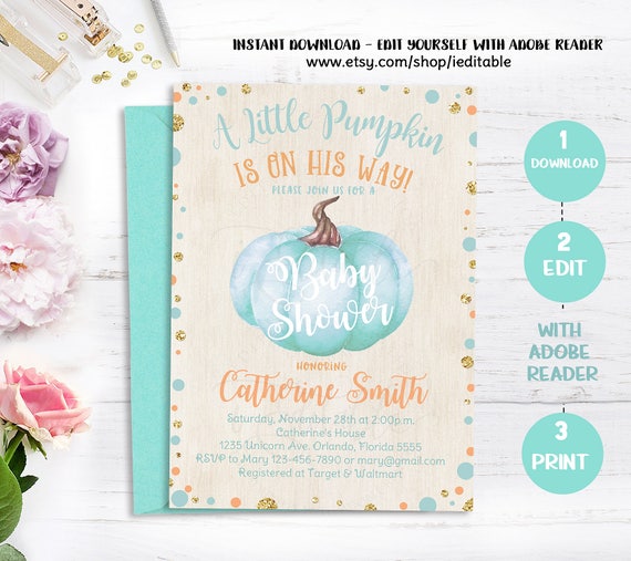 Pumpkin Baby Shower Invitation Boy, Our Little Pumpkin invite, Blue, Boy Fall invitation, Instant download, Editable invitaton, Templates Il_570xn