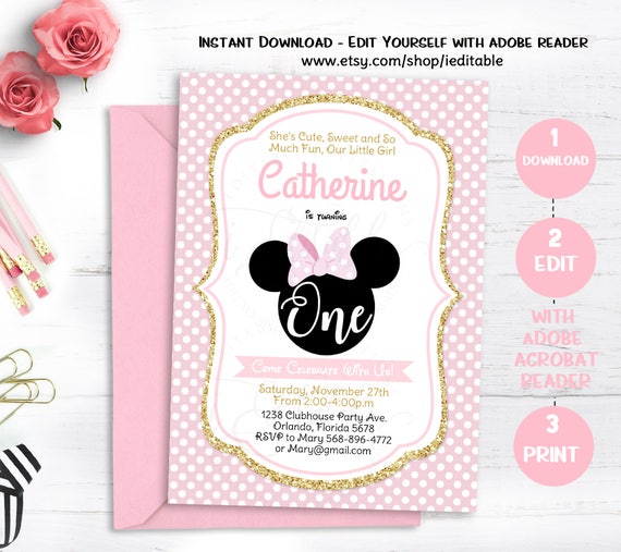 Pink and Gold Minnie Mouse Birthday Invitation, Black first birthday, 1st birthday Girls, Editable invitation, Template, Instant Download Il_570xn