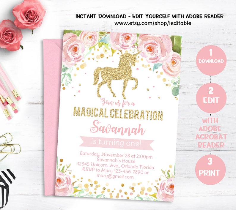 unicorn birthday invitation magical unicorn invite floral etsy