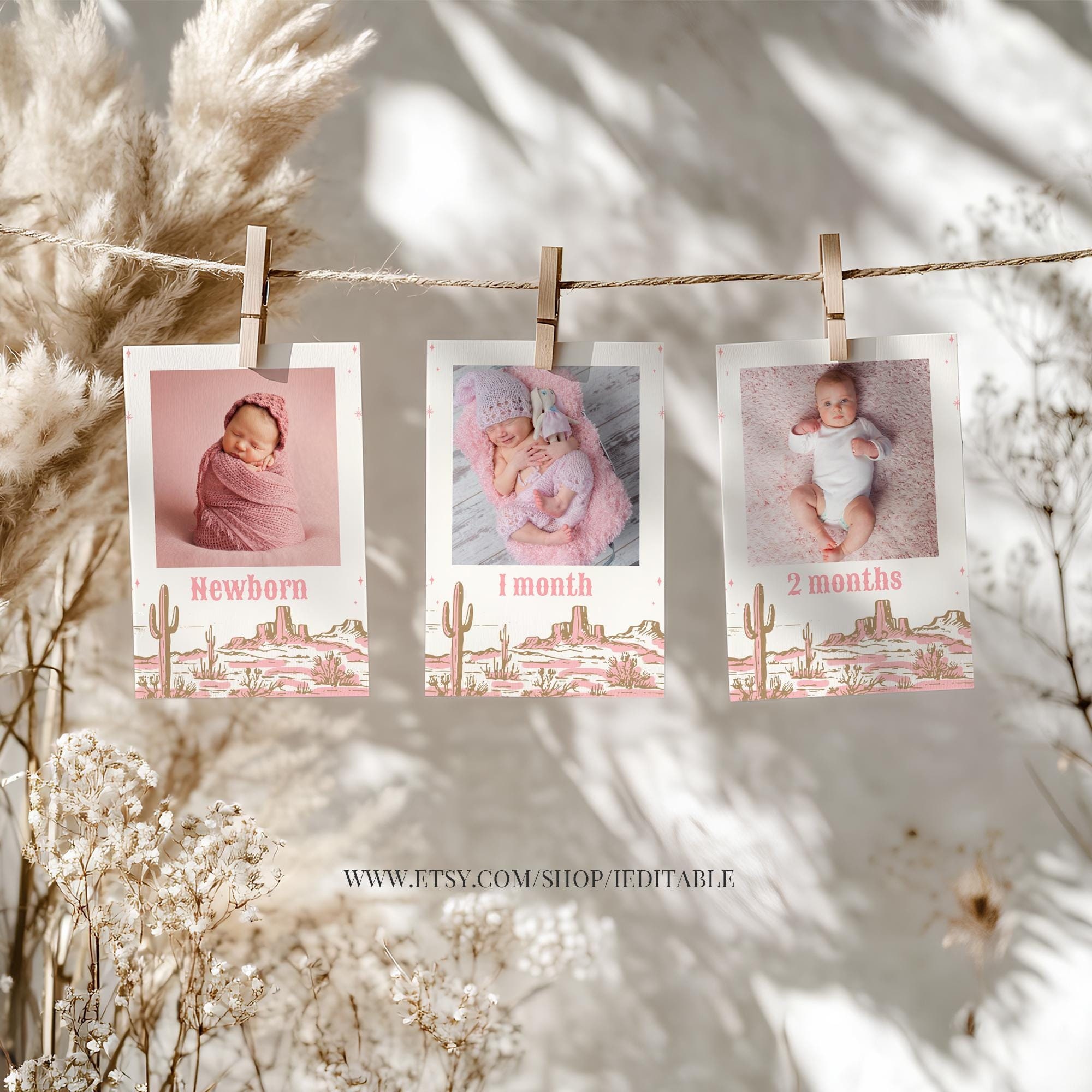 Il mio primo banner fotografico mensile Rodeo Banner di compleanno modificabile Cowgirl Wild West Cowgirl 1° modello di ranch del sud-ovest Download immediato