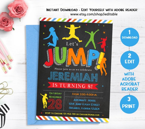 Jump invitation, Bounce house invite, Trampoline birthday, Pump It Up Party, Sky High, Editable invitation, Template, Instant download Il_570xn