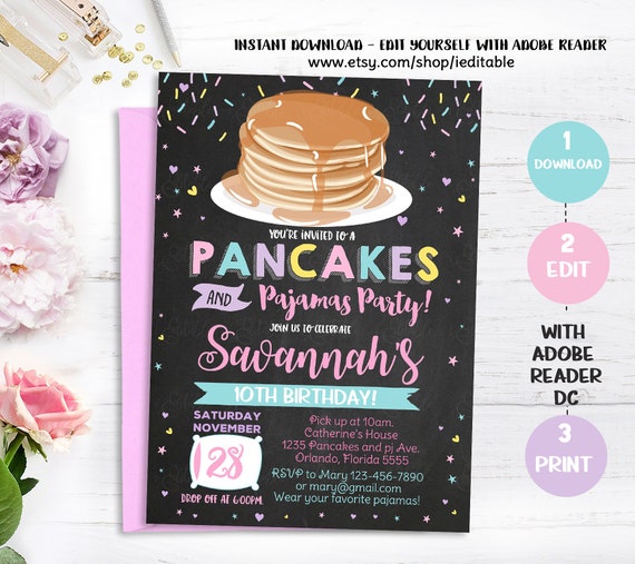 Pajamas and pancakes Invitation, Pjs invitation, Slumber, Sleepover, Invite, Instant download, Printable Editable Girl invitation template Il_570xn