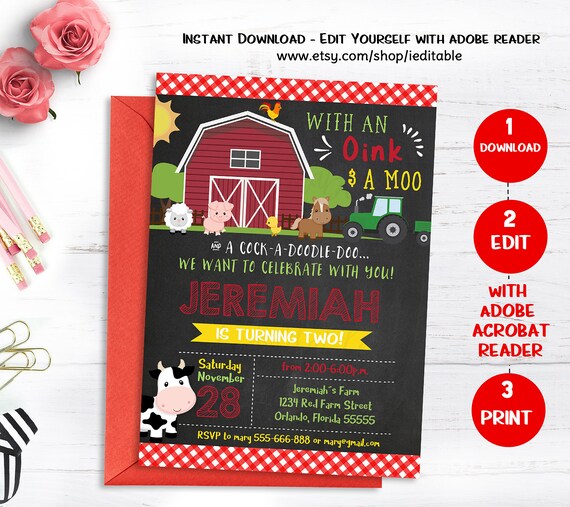 Farm Invitations Old McDonald Invitations Country Birthday Party Chalkboard, Editable Invitation, Template, Instant download Il_570xn