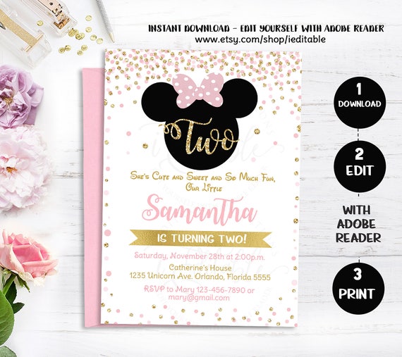 Pink, Gold and Black Minnie 2nd birthday invitation, Oh two-dles, Oh toodles invite, Gold Glitter, Polka Dot Girl, Printable Intant download Il_570xn