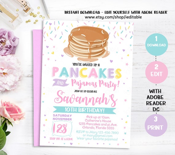 Pancakes and Pajamas Invitation, Pancakes Pajamas Invite, Birthday Party, Printable, Girls Slumber party, Instant Download, Editable, PDF Il_570xn