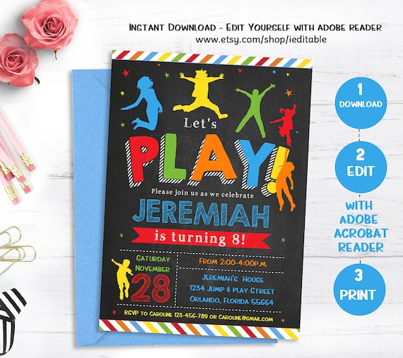 Play Invitation, Jump Birthday invitation, Bounce house invite, Trampoline, Pump It Up Party, Sky High, Editable invite Instant download Il_570xn